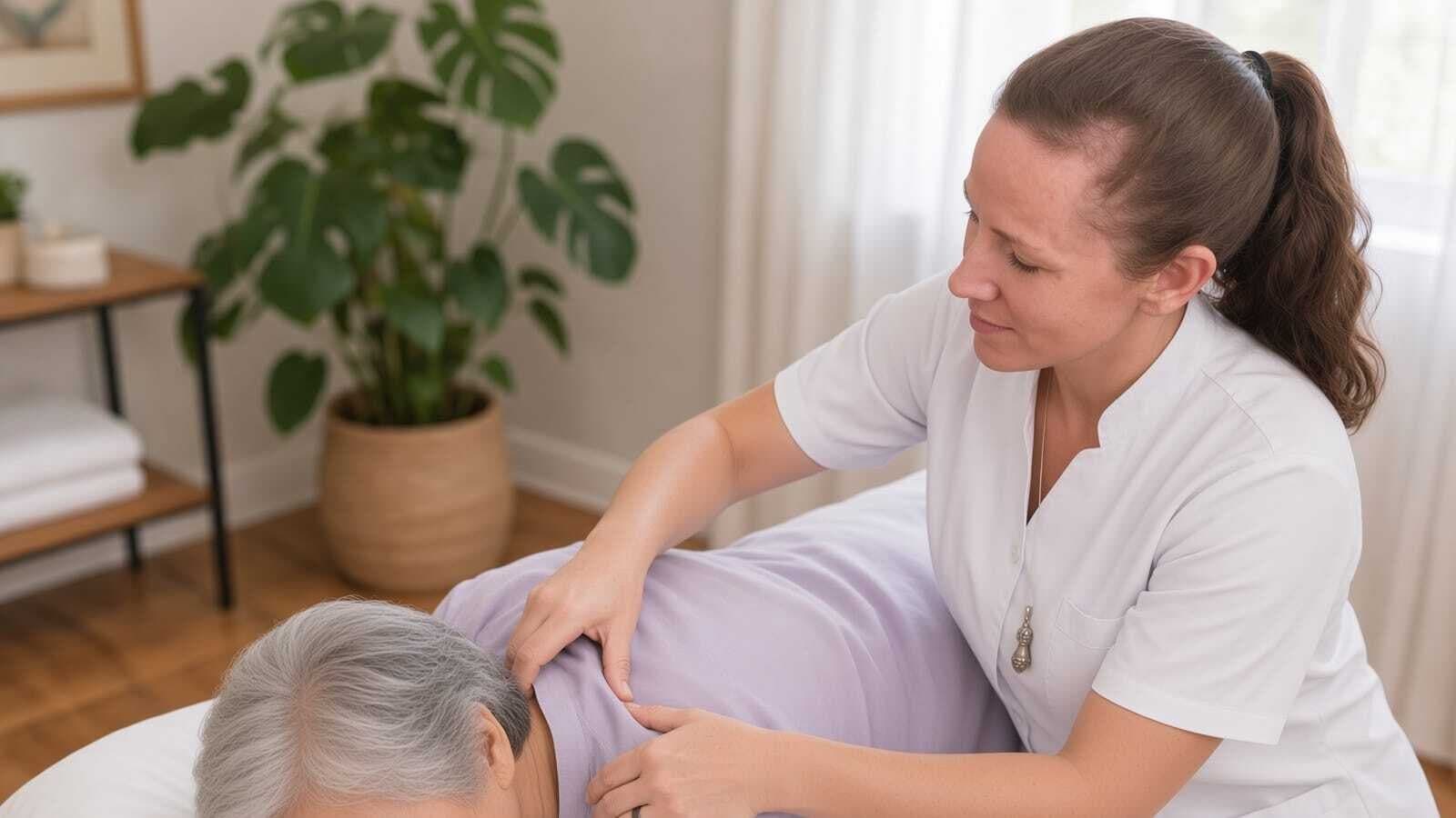 Gentle shoulder and upper-back work with an older client lying face down on a treatment table
