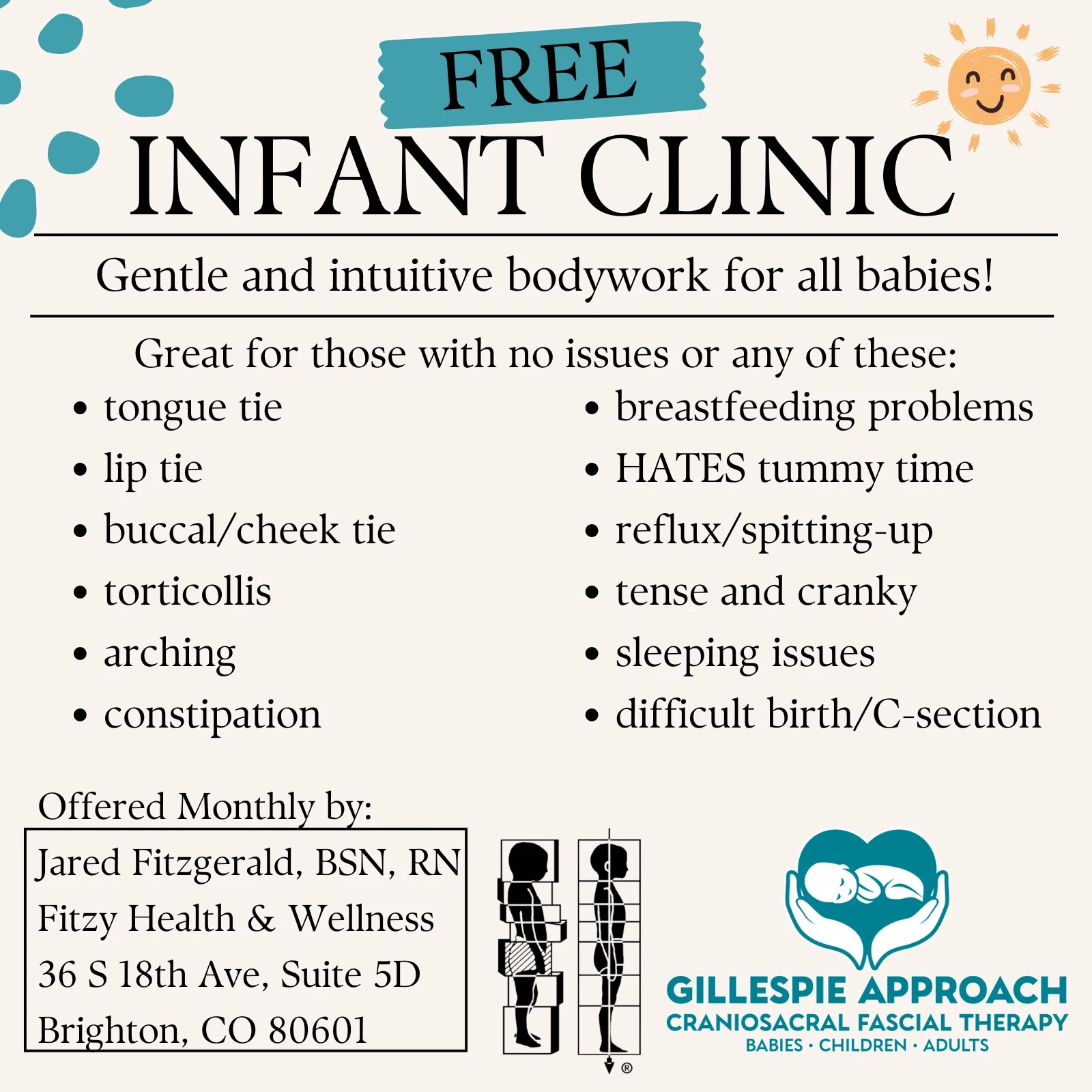 Fitzy Health and Wellness free infant clinic flyer, listing tongue tie, lip tie, buccal tie, torticollis, arching, constipation, breastfeeding problems, dislike of tummy time, reflux, tension, sleeping issues and difficult or C-section births